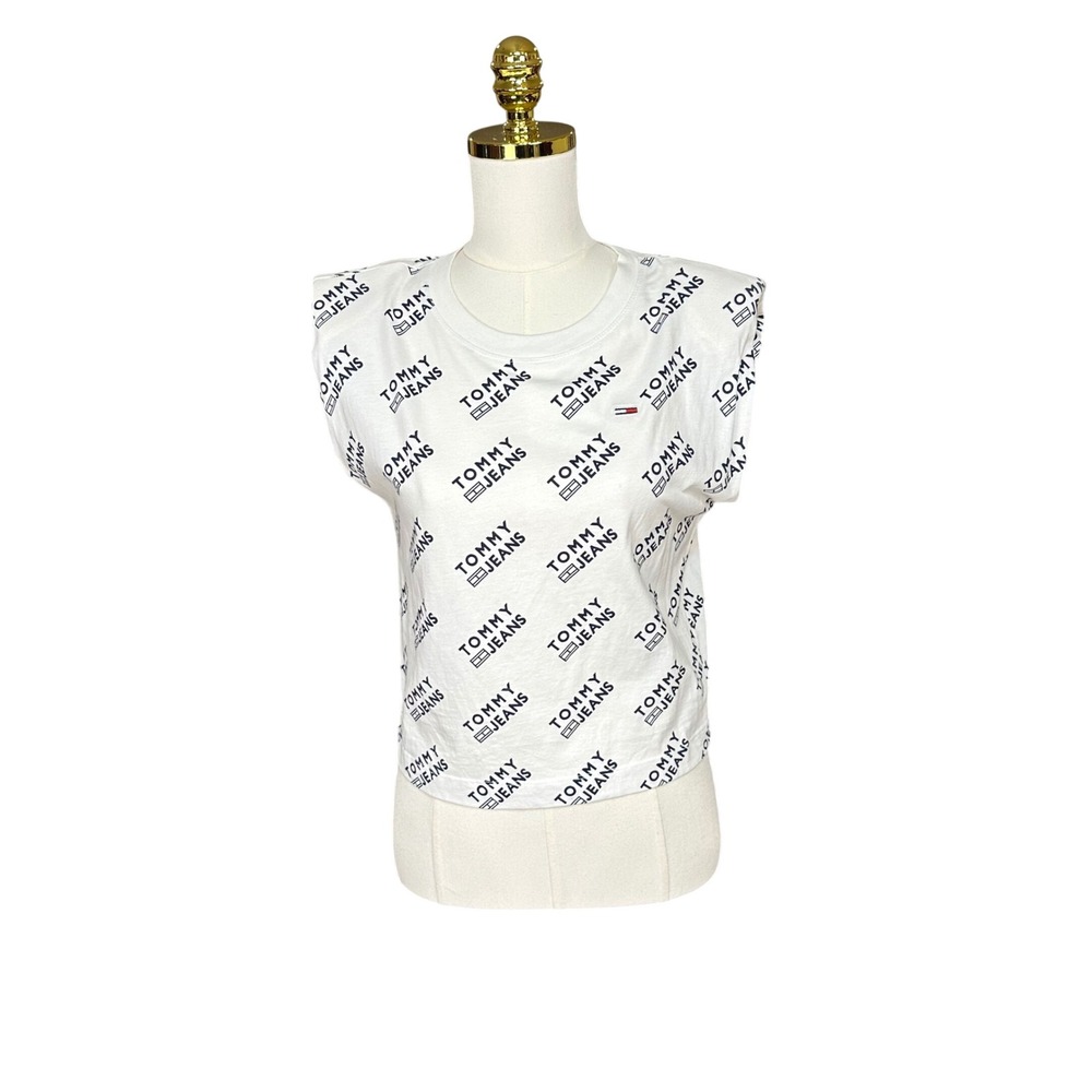 Tommy Jeans Womens White Logo Print Padded Shoulder Muscle Tee Shirt Small